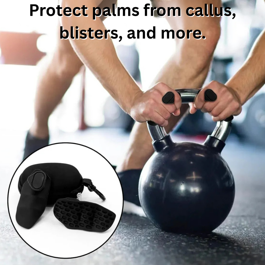Person lifting a kettlebell with gloves, inset showing hand grip product.