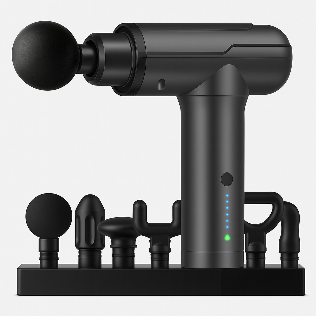 A black massage gun with multiple interchangeable heads, displayed in various colors. The device appears to be compact and portable, designed for muscle massage and relaxation.