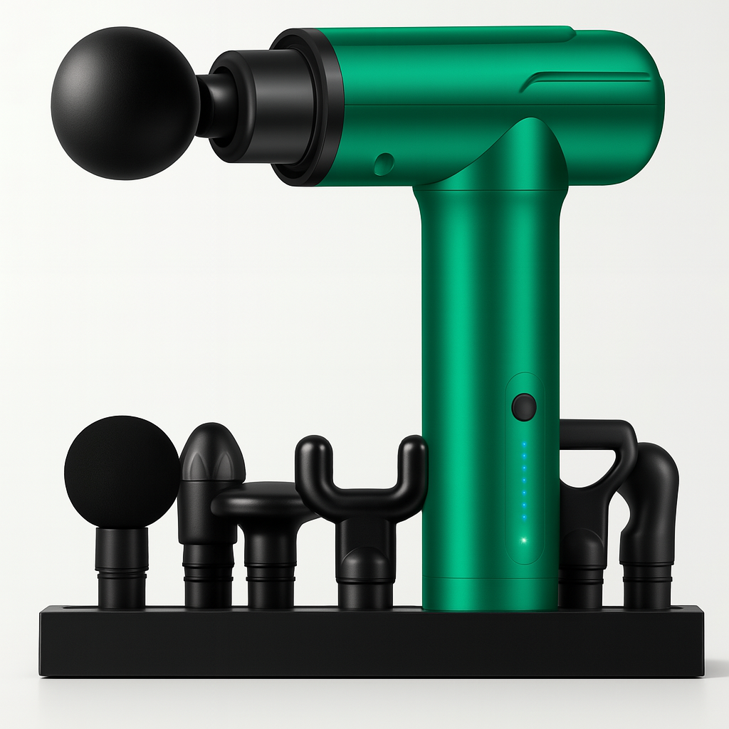 A green massage gun with multiple interchangeable heads, displayed in various colors. The device appears to be compact and portable, designed for muscle massage and relaxation.