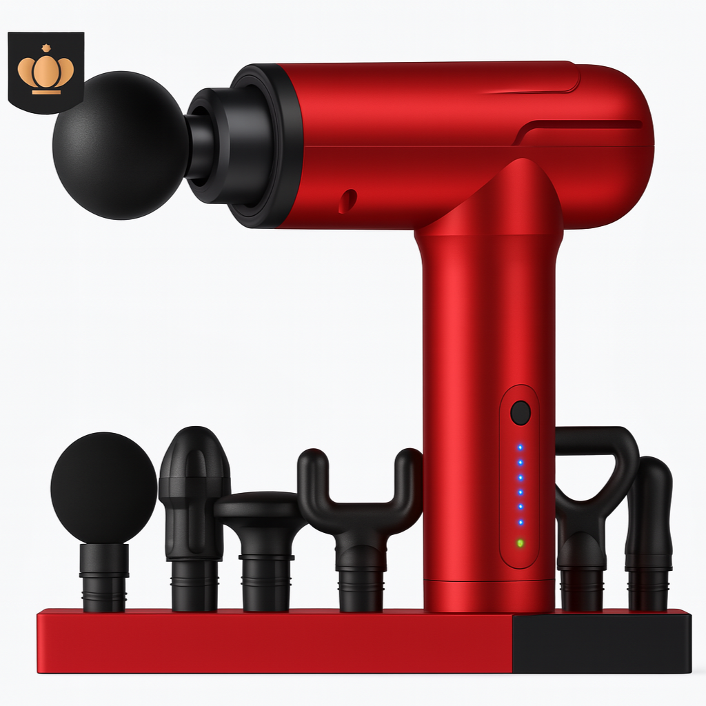 A red massage gun with multiple interchangeable heads, displayed in various colors. The device appears to be compact and portable, designed for muscle massage and relaxation.