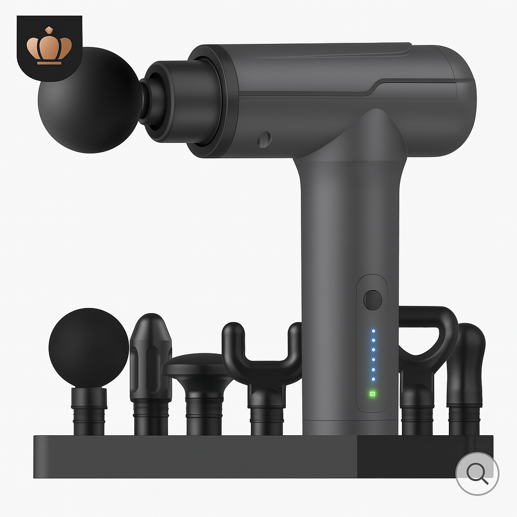 A bgray massage gun with multiple interchangeable heads, displayed in various colors. The device appears to be compact and portable, designed for muscle massage and relaxation.