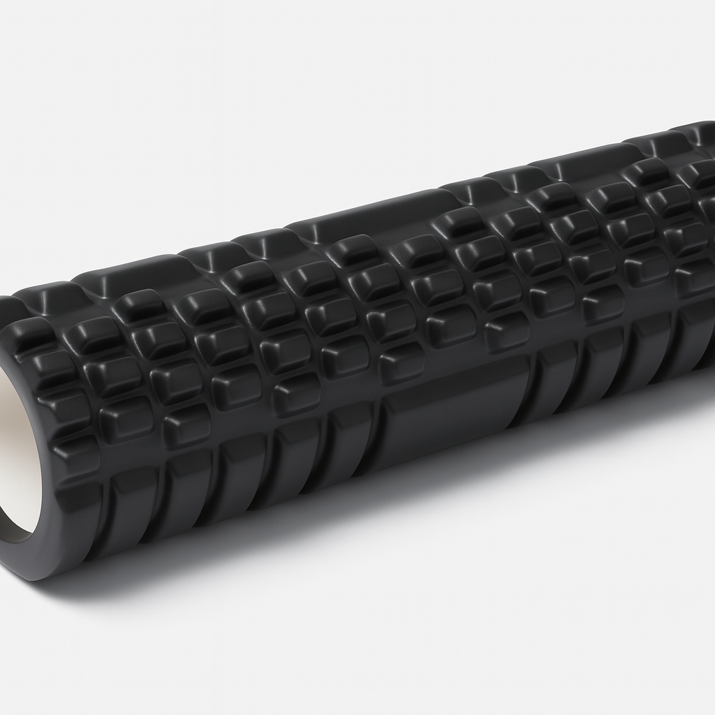 Black high-density foam recovery roller with a textured surface, designed for muscle relaxation and recovery.
