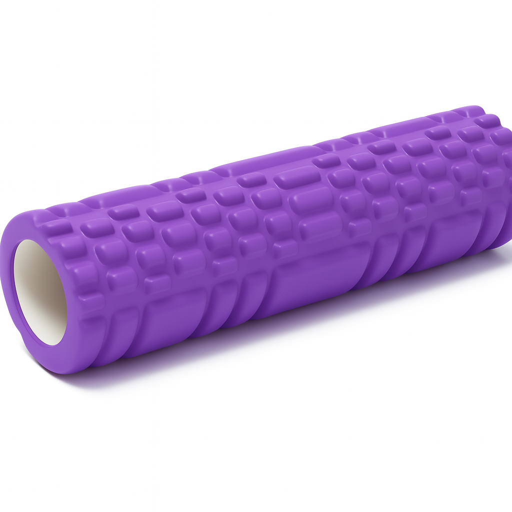 Purple high-density foam recovery roller with a textured surface, designed for muscle relaxation and recovery.