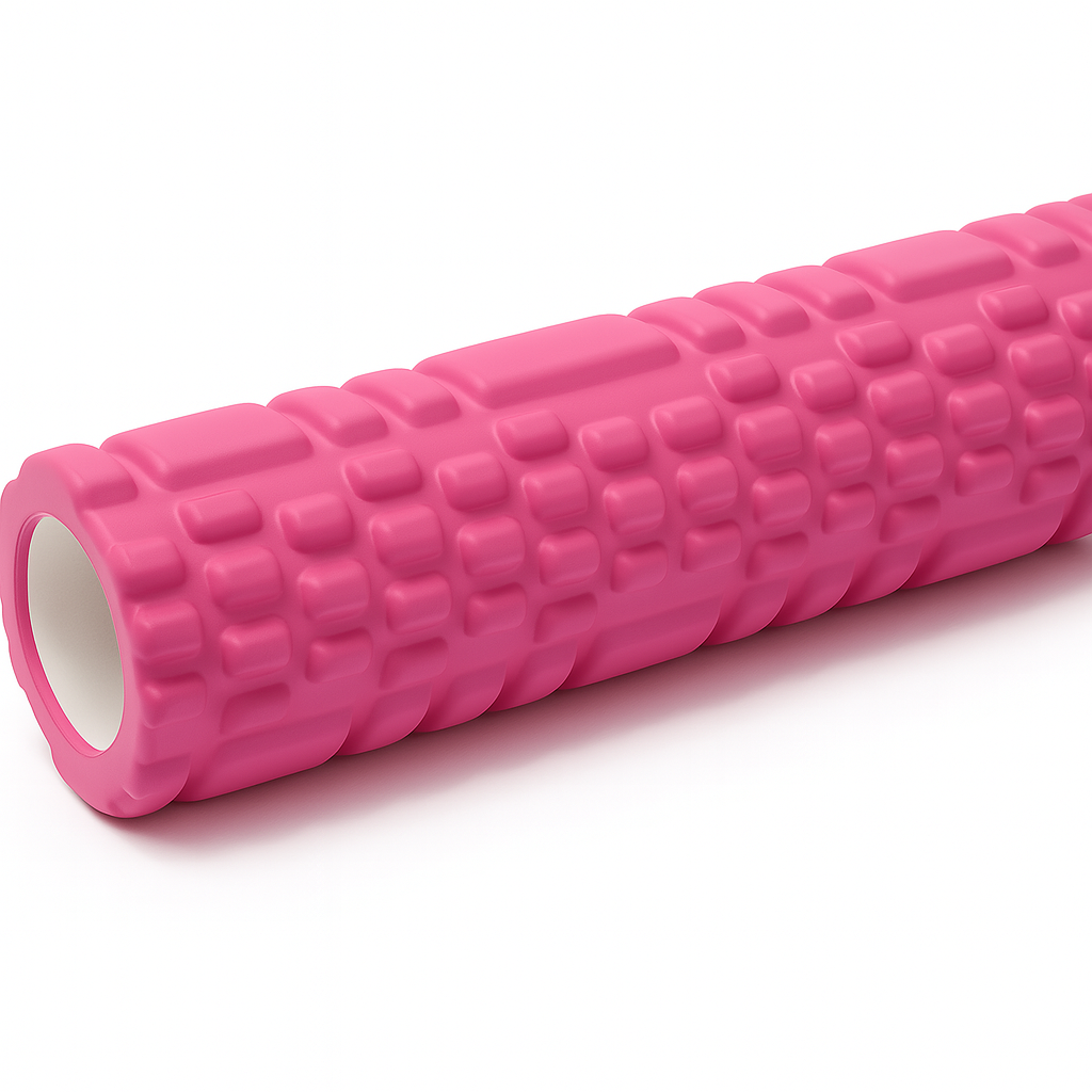 Pink high-density foam recovery roller with a textured surface, designed for muscle relaxation and recovery.