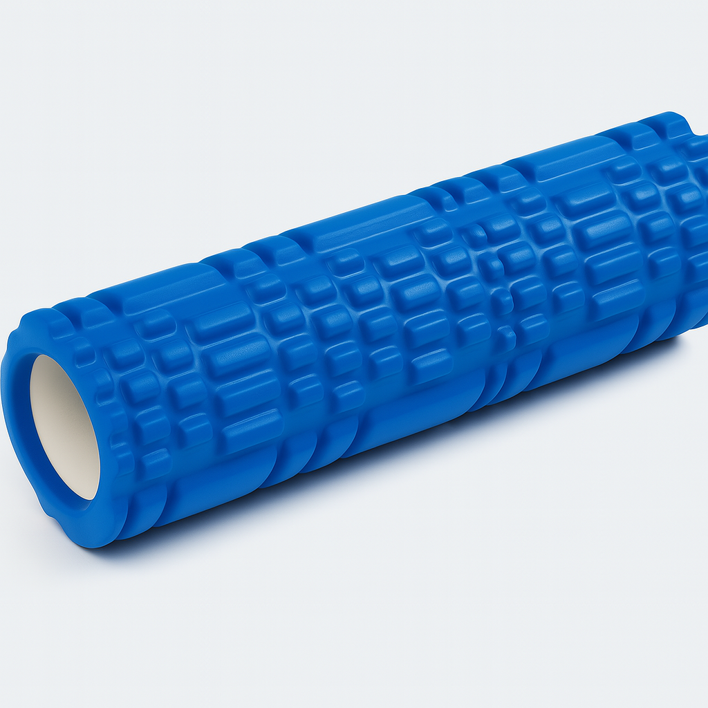 blue high-density foam recovery roller with a textured surface, designed for muscle relaxation and recovery.