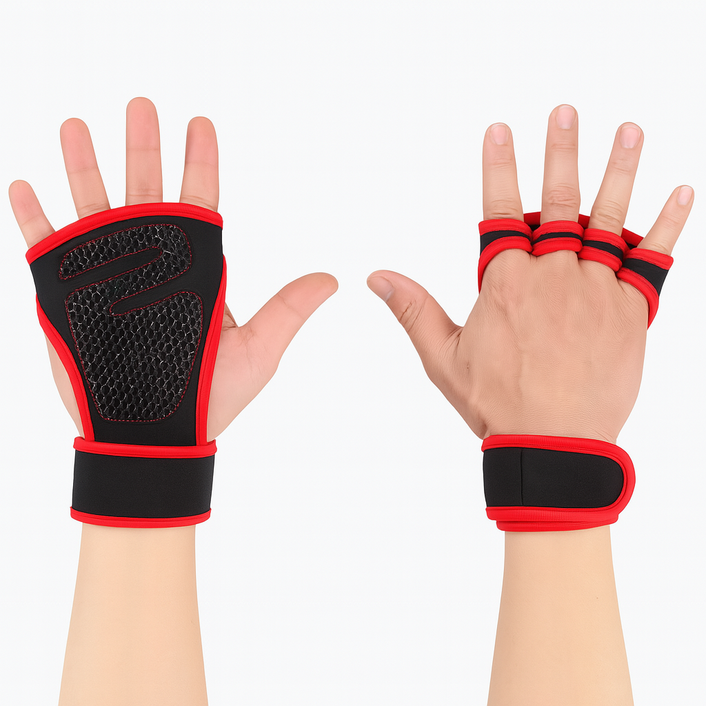 Hands wearing a black and red weight lifting training glove with a wrist strap and anti-slip design on the palm.