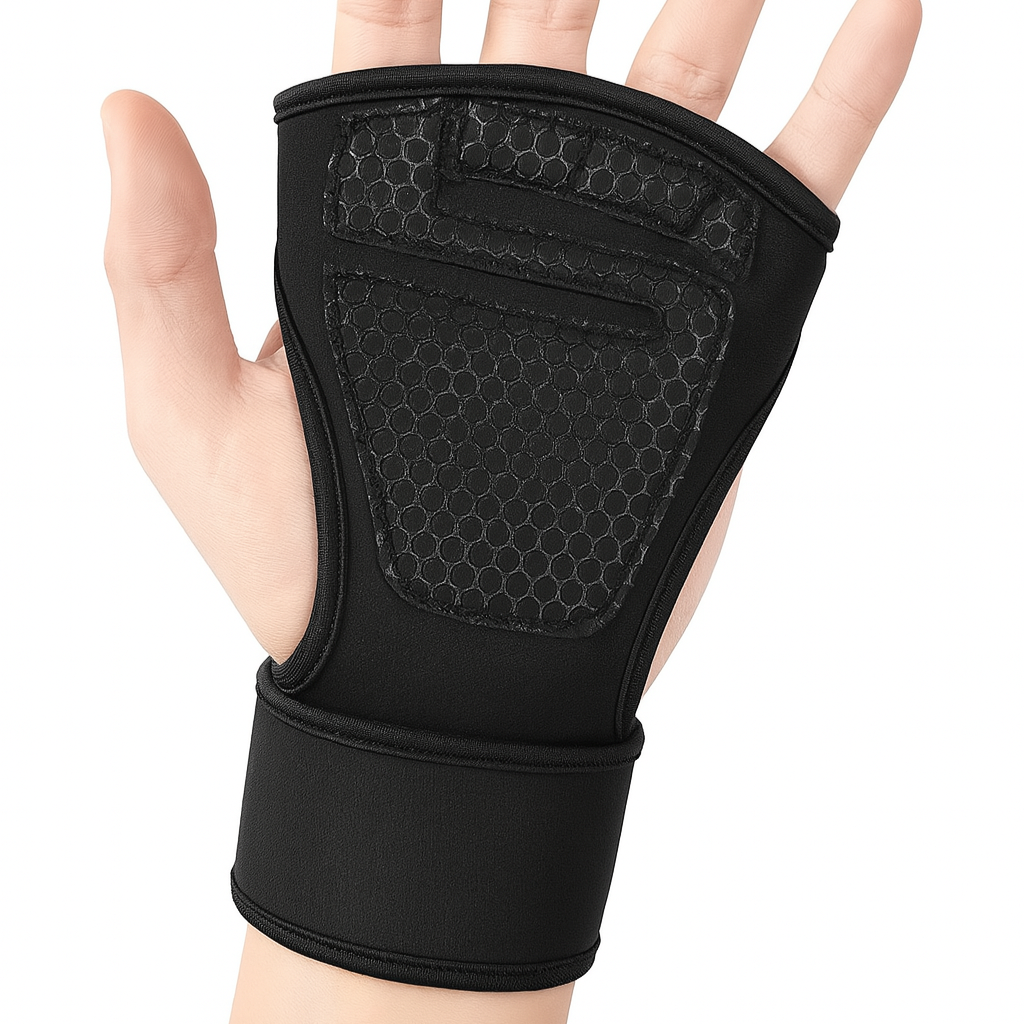 A hand wearing a black weight lifting training glove with a wrist strap and anti-slip design on the palm.