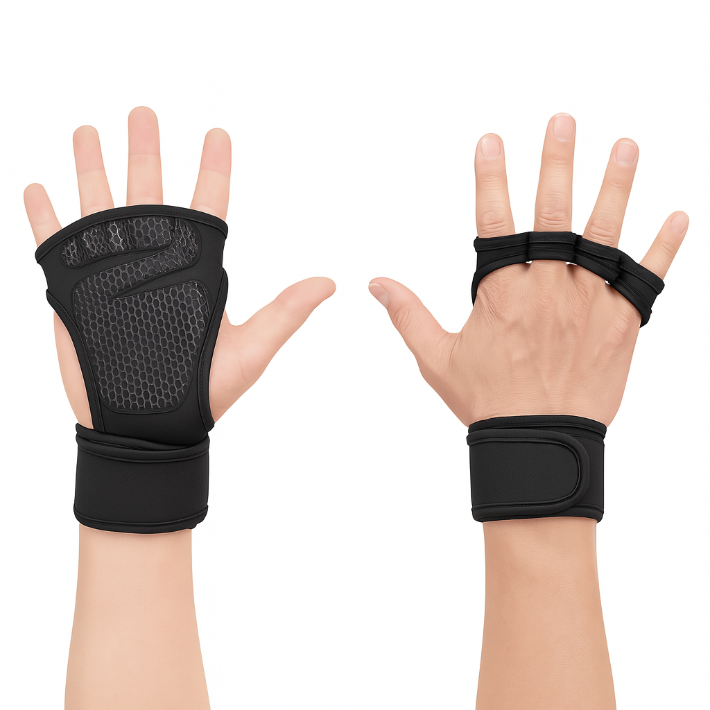 Hands wearing a black weight lifting training glove with a wrist strap and anti-slip design on the palm.
