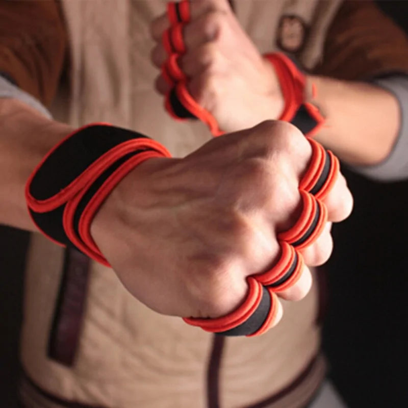 A hand wearing a black weight lifting training glove with a wrist strap and anti-slip design on the palm.